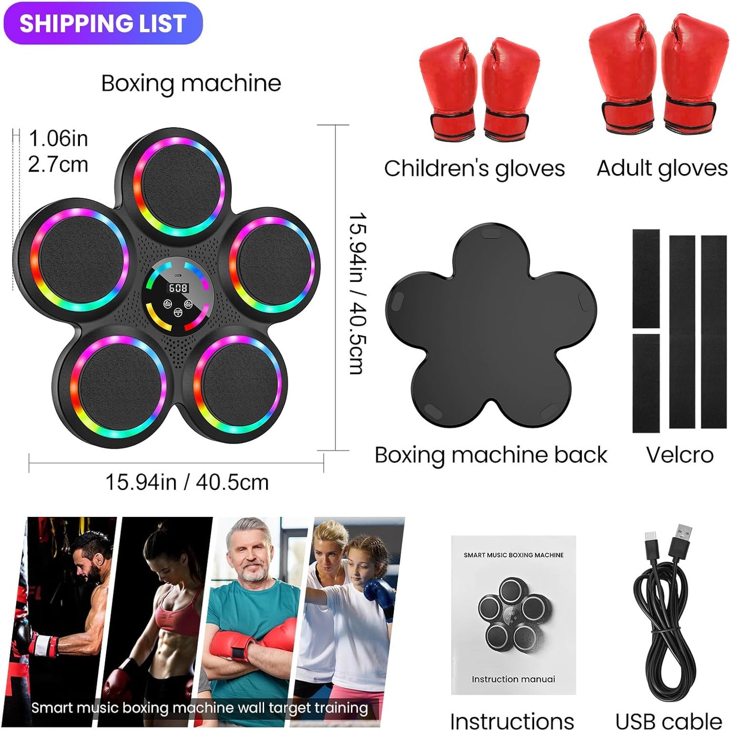 Music Boxing Machine, Musical Boxing Machine with LED Lights, 2 Pairs Boxing Gloves, 9 Speeds & Modes, Support Bluetooth, Automatic Counting, Wall Mounted, Smart Music Punch Machine for Adults Kids