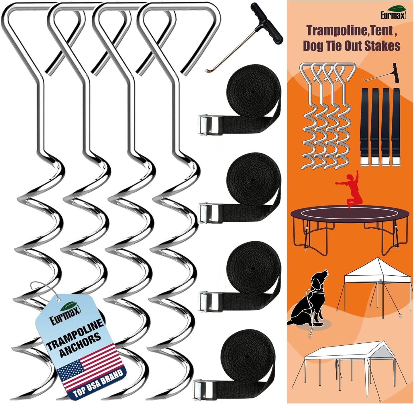 USA Heavy Duty Trampoline Anchor Kit - Set of 4 Corkscrew Steel Stakes with T Hook and Bonus 4 Strong Belts