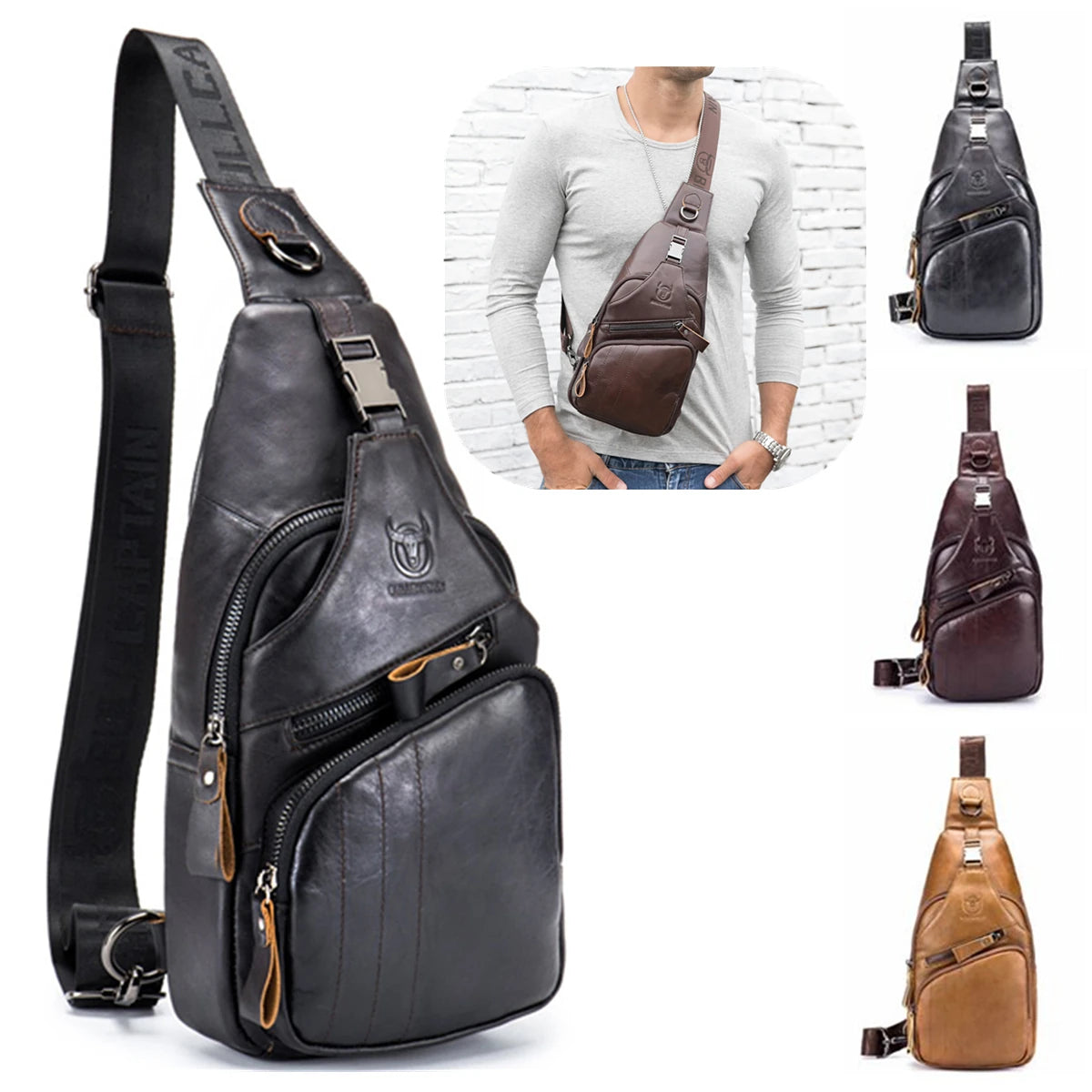 Men Multi-Pocket Leather Chest Bag Casual Sports Multifunctional Large Capacity Crossbody Shoulder Bag