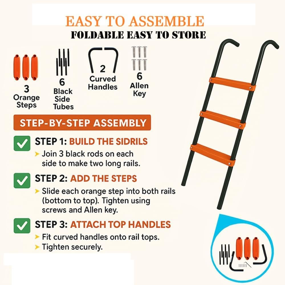 Three-Step Wide Trampoline Ladder for Children, Durable Powder-Coated and UV-Treated Trampoline Accessory for All Weather Conditions, Sturdy and Safe Design