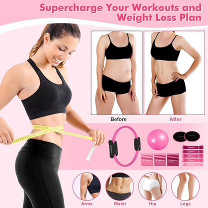 Pilates Ring Set Exercise Equipment with Exercise Bands Resistance Bands Set, Pilates Ball, Sliding Disks – Workout Equipment Home Gym Includes Complete Fitness Guide