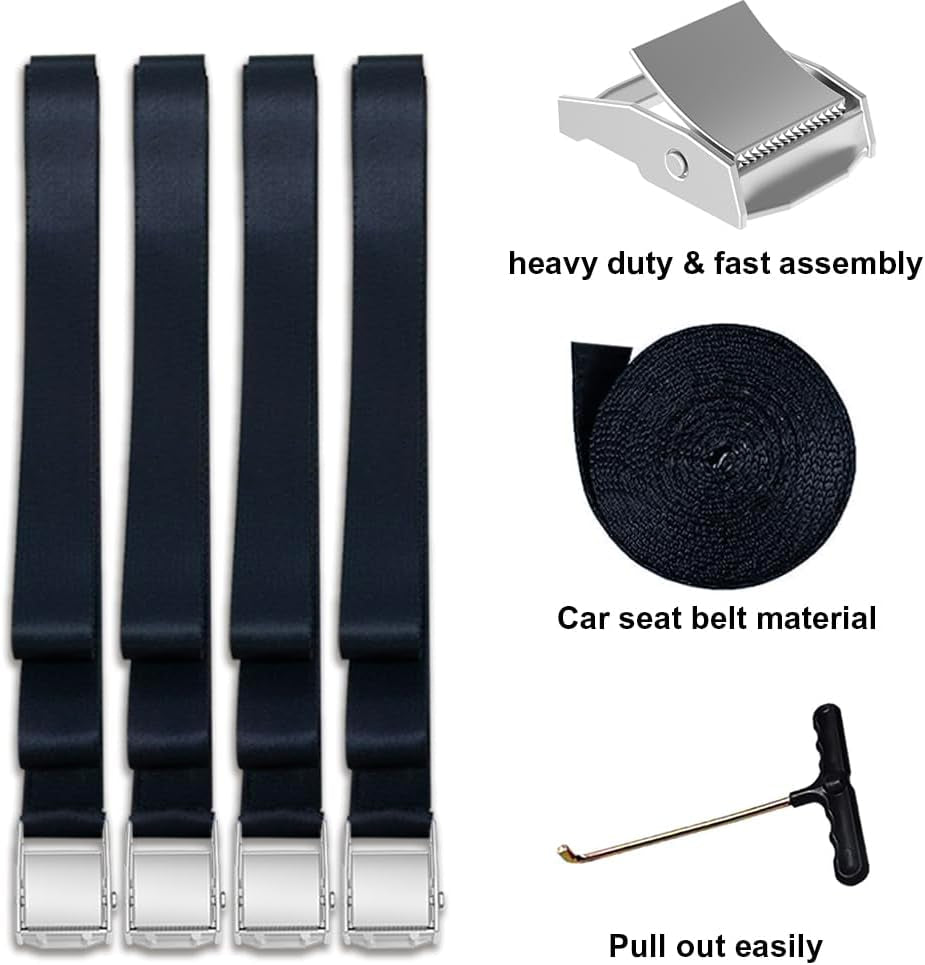 USA Heavy Duty Trampoline Anchor Kit - Set of 4 Corkscrew Steel Stakes with T Hook and Bonus 4 Strong Belts