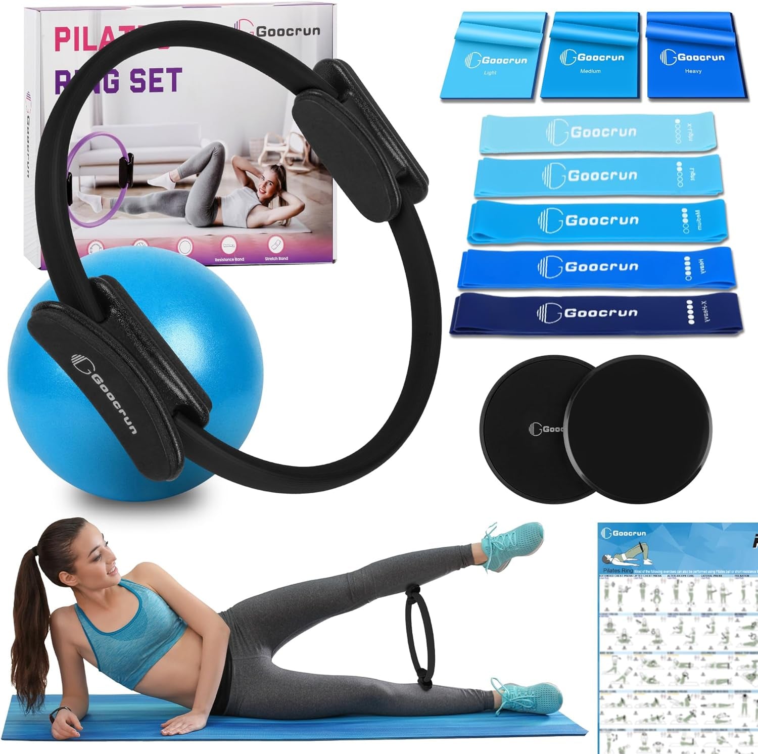 Pilates Ring Set Exercise Equipment with Exercise Bands Resistance Bands Set, Pilates Ball, Sliding Disks – Workout Equipment Home Gym Includes Complete Fitness Guide