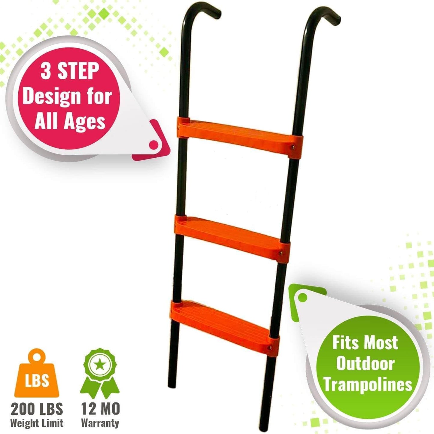 Three-Step Wide Trampoline Ladder for Children, Durable Powder-Coated and UV-Treated Trampoline Accessory for All Weather Conditions, Sturdy and Safe Design