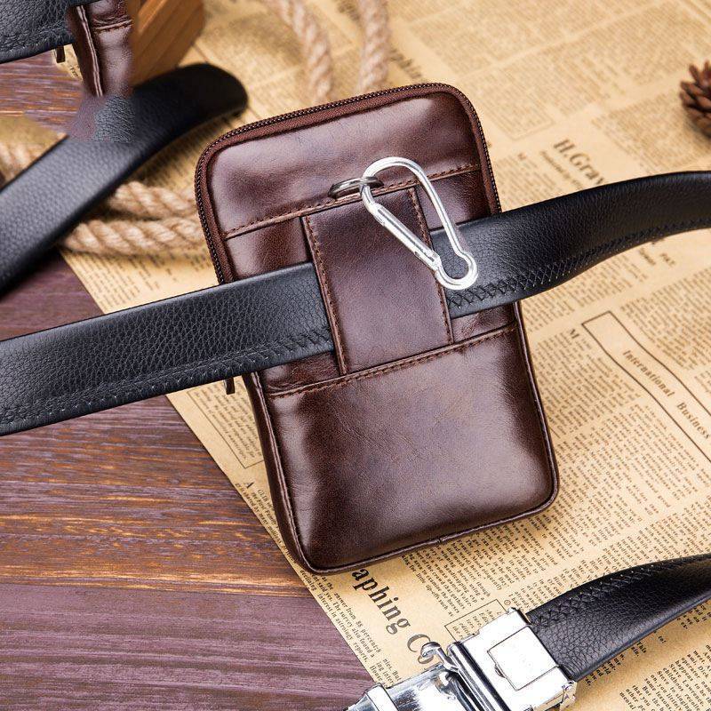 Men'S Leather Belt Waist Bag Travel Small Fanny Pack Phone Pouch Multifunctional Male Waist Bag Leather Pouch