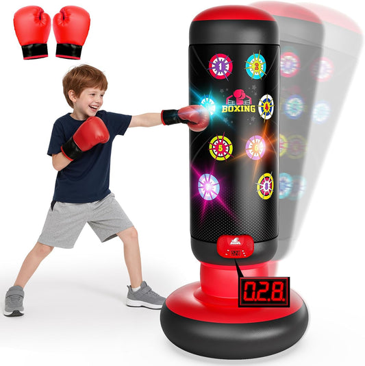 Interactive Punching Bag for Kids, Boxing Bag with Music & Light 4-Mode Game, Inflatable Punch Bag with Gloves, Kids Gym Equipment, Boxing Gifts Toys for 6 7 8 9 10 11 12 Year Old Boys