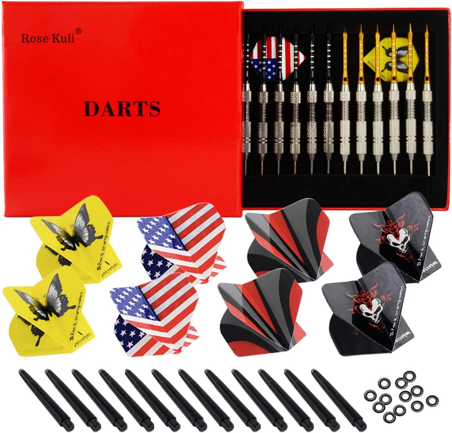 Professional Steel Tip Darts Set - 12 Pack, 24 Grams with 20 Flights (4 Styles) and 12 Aluminum Shafts