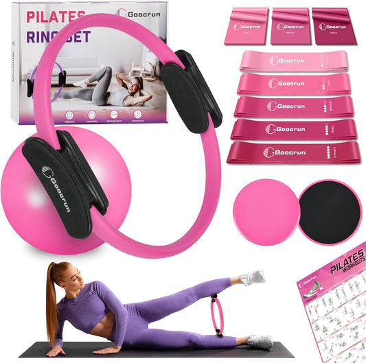 Pilates Ring Set Exercise Equipment with Exercise Bands Resistance Bands Set, Pilates Ball, Sliding Disks – Workout Equipment Home Gym Includes Complete Fitness Guide