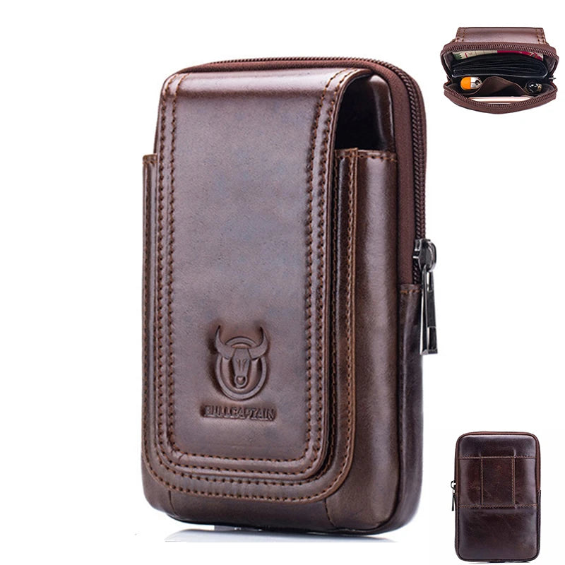 Men'S Leather Belt Waist Bag Travel Small Fanny Pack Phone Pouch Multifunctional Male Waist Bag Leather Pouch