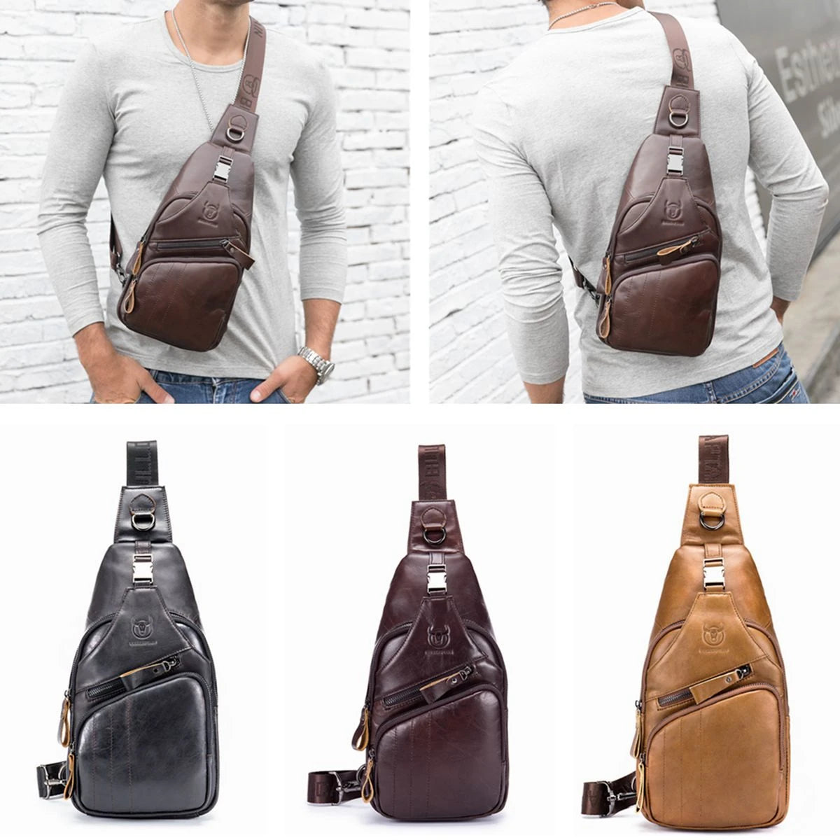 Men Multi-Pocket Leather Chest Bag Casual Sports Multifunctional Large Capacity Crossbody Shoulder Bag