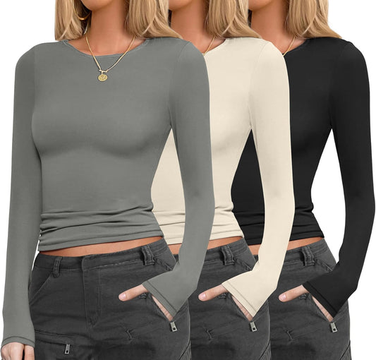 Womens 3 Pack Long Sleeve Shirts Fitted Tops Base Layering Tight Thermal Undershirts, S-XXL