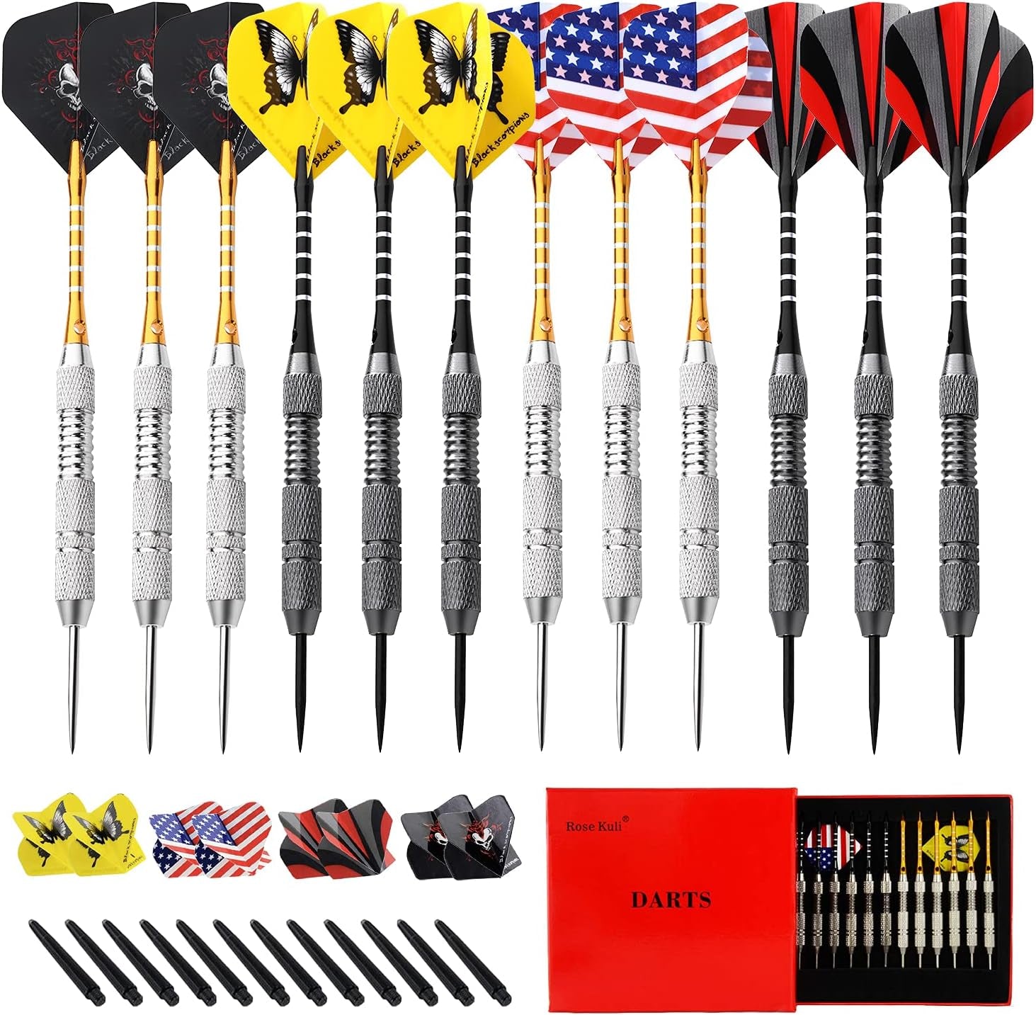 Professional Steel Tip Darts Set - 12 Pack, 24 Grams with 20 Flights (4 Styles) and 12 Aluminum Shafts