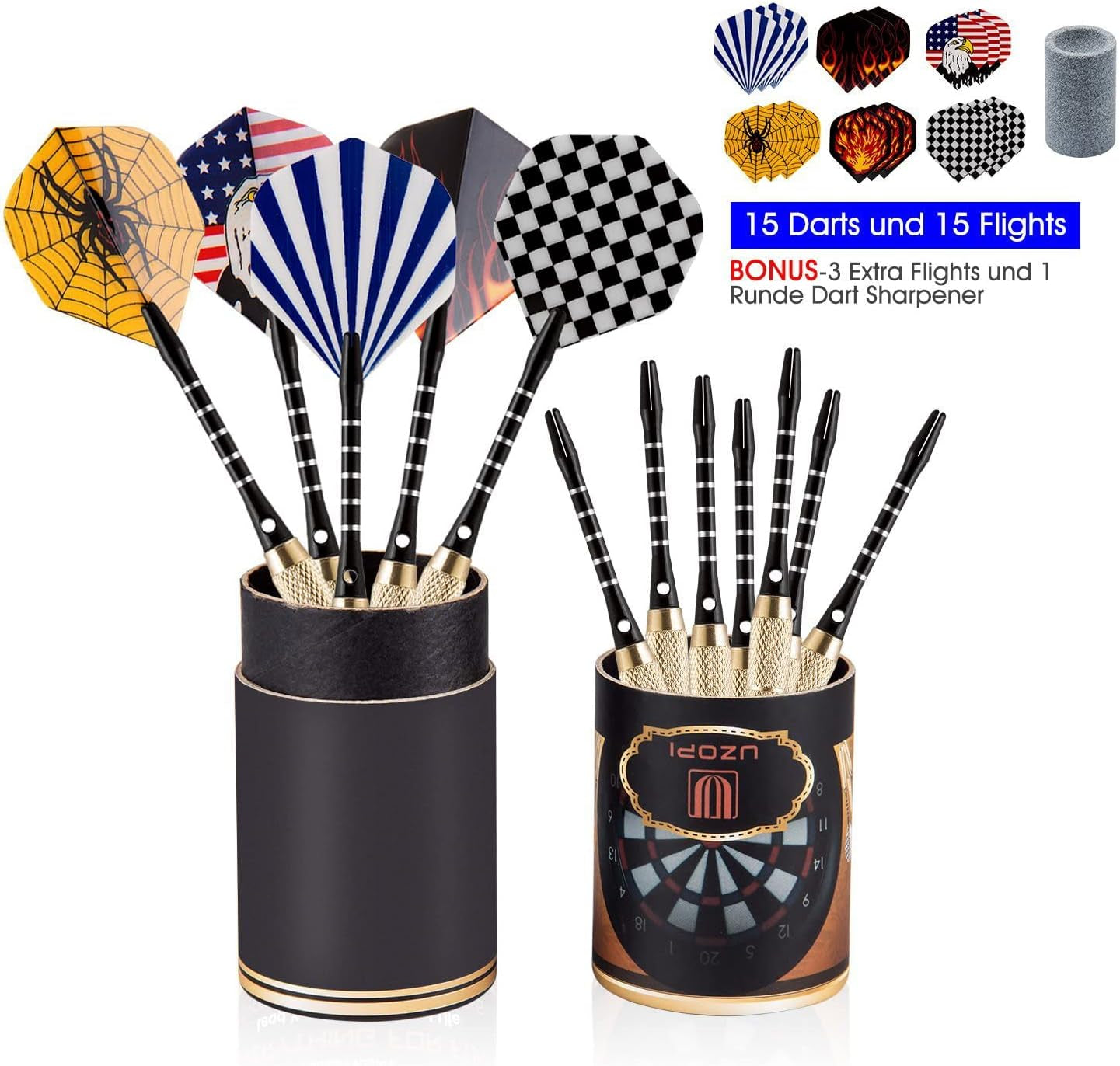 15-Pack Steel Darts Set - 18-Gram Tips, Dart Sharpener, 21 Flights, Aluminum Shafts, and Brass Barrels for Game Rooms, Man Caves, and Bars