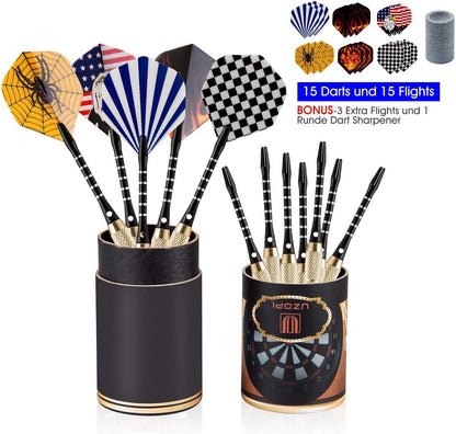 15-Pack Steel Darts Set - 18-Gram Tips, Dart Sharpener, 21 Flights, Aluminum Shafts, and Brass Barrels for Game Rooms, Man Caves, and Bars