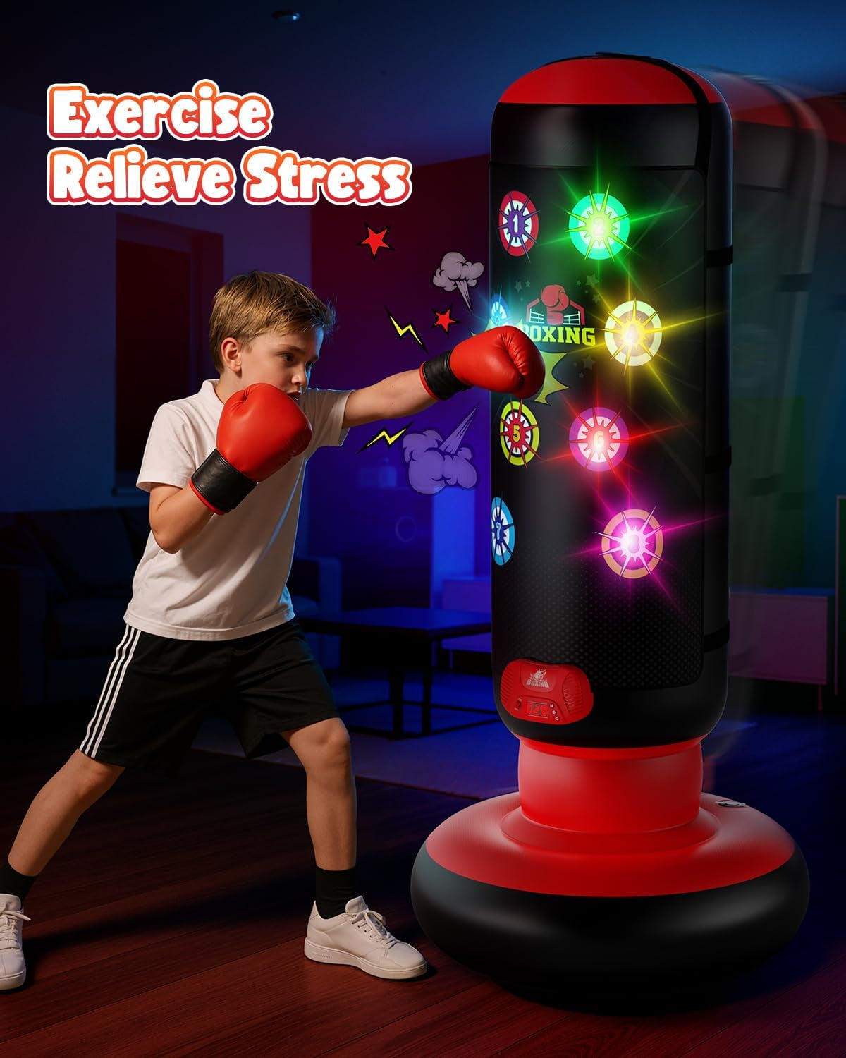 Interactive Punching Bag for Kids, Boxing Bag with Music & Light 4-Mode Game, Inflatable Punch Bag with Gloves, Kids Gym Equipment, Boxing Gifts Toys for 6 7 8 9 10 11 12 Year Old Boys
