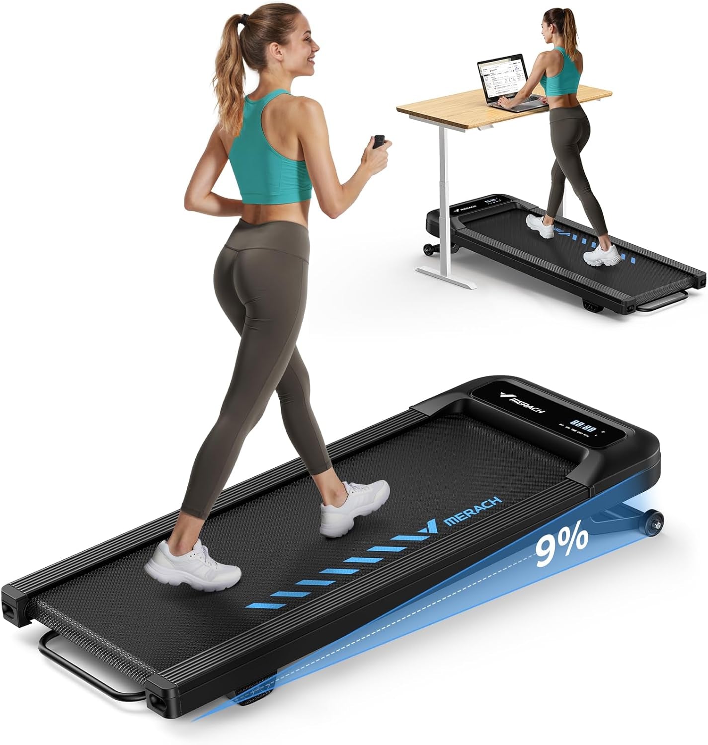 Walking Pad Treadmill with 0-9% Incline, under Desk Treadmill Space-Saving Design, Remote Control & App, One-Piece Molded, 265 Lbs Capacity, Walking Machine for Home