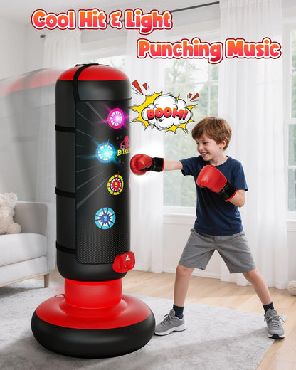 Interactive Punching Bag for Kids, Boxing Bag with Music & Light 4-Mode Game, Inflatable Punch Bag with Gloves, Kids Gym Equipment, Boxing Gifts Toys for 6 7 8 9 10 11 12 Year Old Boys