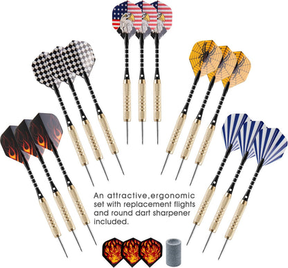 15-Pack Steel Darts Set - 18-Gram Tips, Dart Sharpener, 21 Flights, Aluminum Shafts, and Brass Barrels for Game Rooms, Man Caves, and Bars