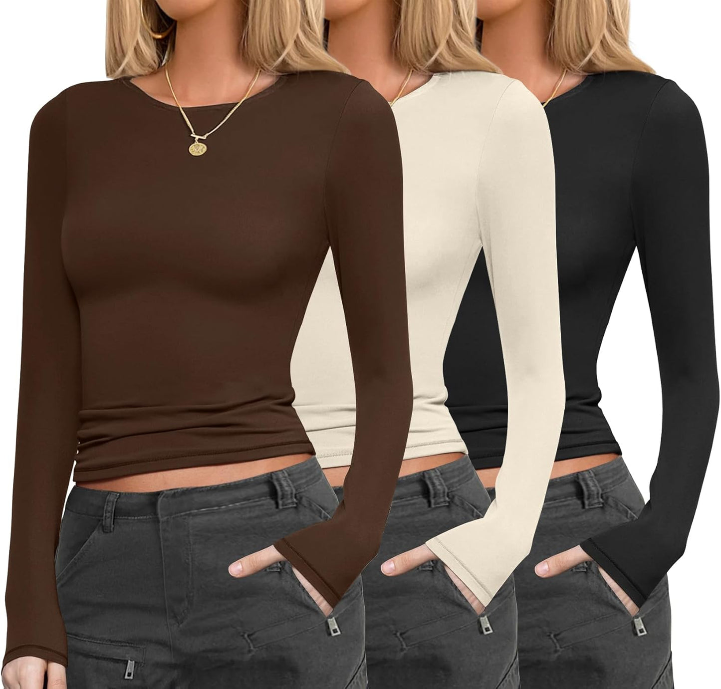 Womens 3 Pack Long Sleeve Shirts Fitted Tops Base Layering Tight Thermal Undershirts, S-XXL