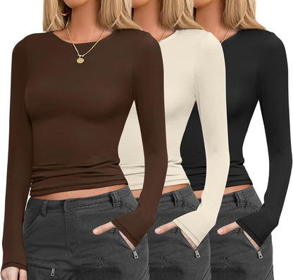 Womens 3 Pack Long Sleeve Shirts Fitted Tops Base Layering Tight Thermal Undershirts, S-XXL