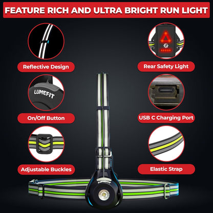 Run Light Running Lights for Runners Chest LED Lamp 90° Adjustable Beam Angle 500 Lumen 360 Degree Reflective Band USB Rechargeable Front Body Torch Jogging Hiking
