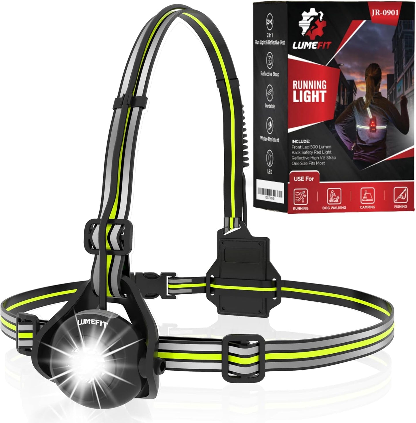 Run Light Running Lights for Runners Chest LED Lamp 90° Adjustable Beam Angle 500 Lumen 360 Degree Reflective Band USB Rechargeable Front Body Torch Jogging Hiking