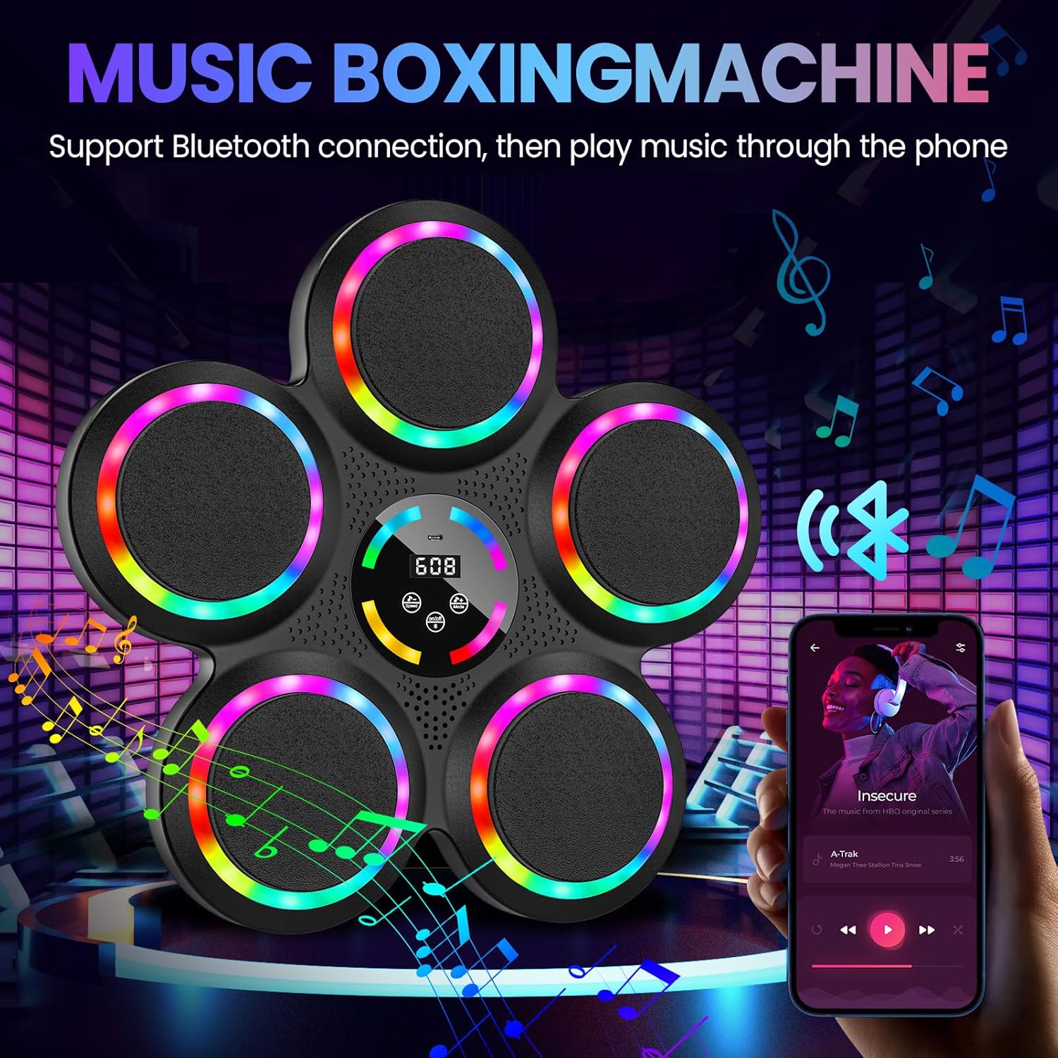 Music Boxing Machine, Musical Boxing Machine with LED Lights, 2 Pairs Boxing Gloves, 9 Speeds & Modes, Support Bluetooth, Automatic Counting, Wall Mounted, Smart Music Punch Machine for Adults Kids