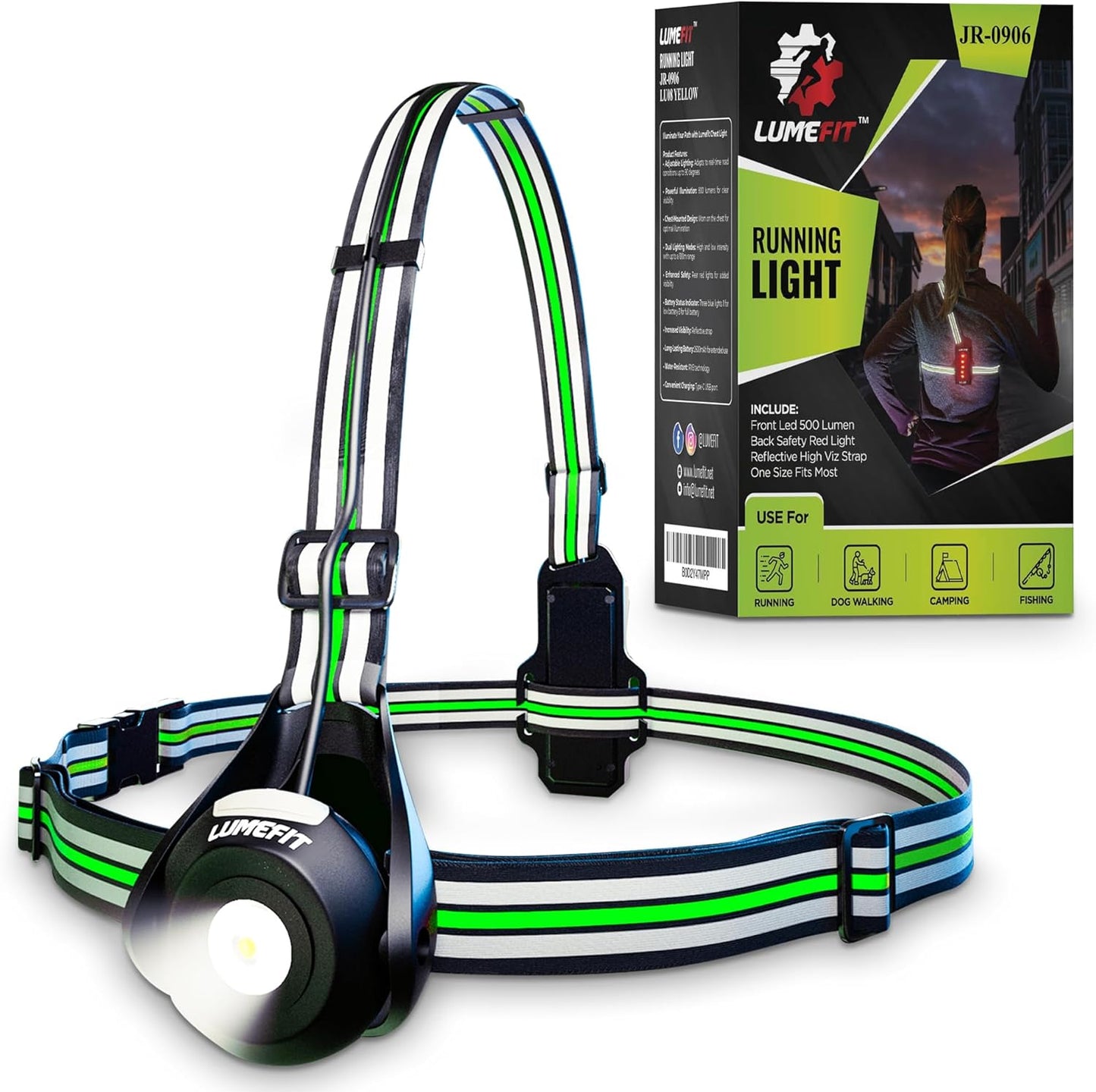 Run Light Running Lights for Runners Chest LED Lamp 90° Adjustable Beam Angle 500 Lumen 360 Degree Reflective Band USB Rechargeable Front Body Torch Jogging Hiking