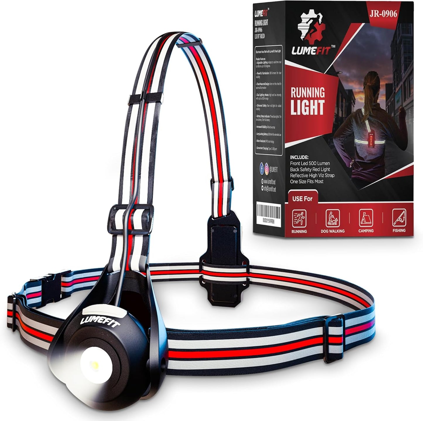 Run Light Running Lights for Runners Chest LED Lamp 90° Adjustable Beam Angle 500 Lumen 360 Degree Reflective Band USB Rechargeable Front Body Torch Jogging Hiking