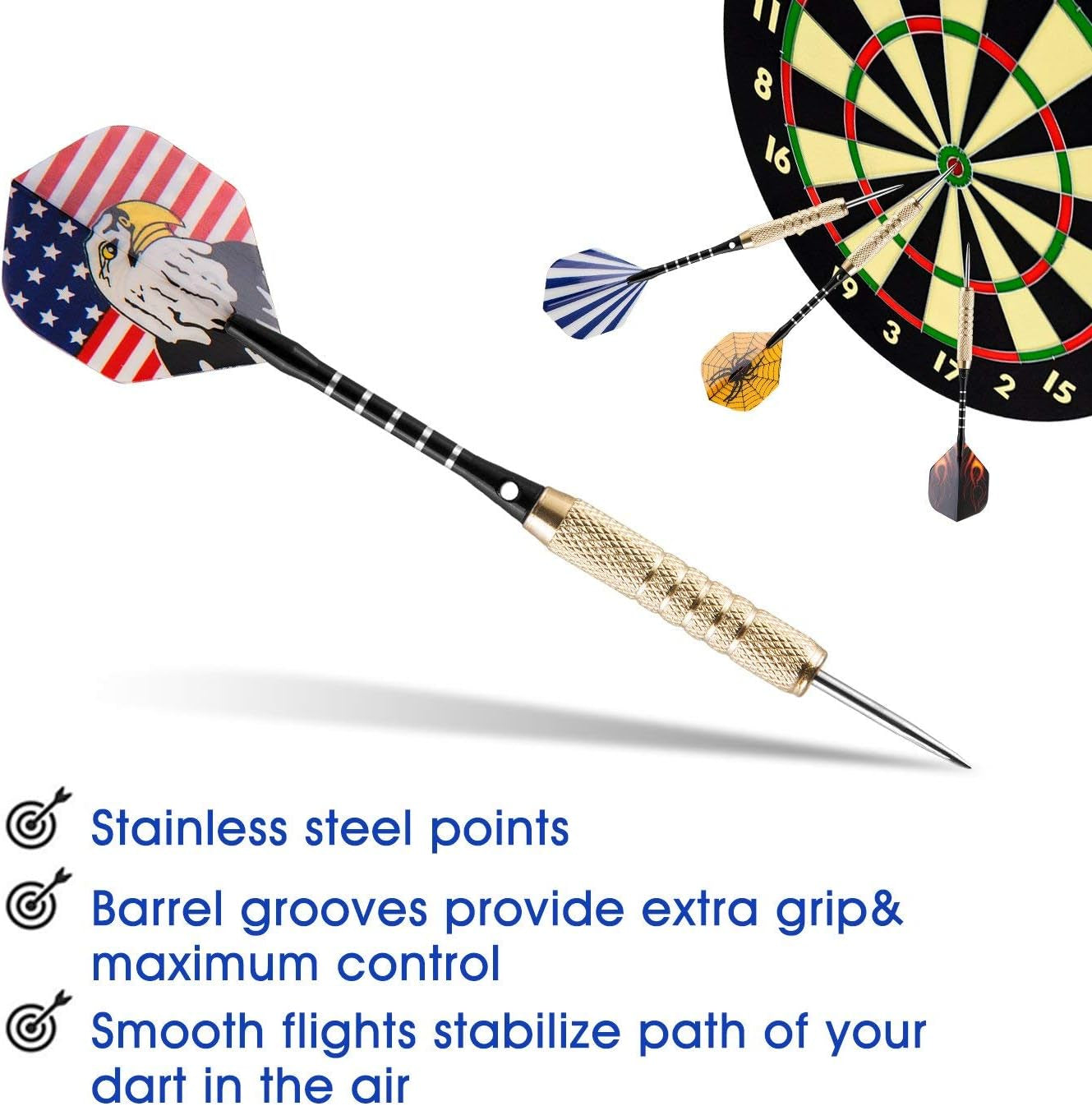 15-Pack Steel Darts Set - 18-Gram Tips, Dart Sharpener, 21 Flights, Aluminum Shafts, and Brass Barrels for Game Rooms, Man Caves, and Bars
