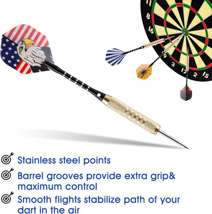 15-Pack Steel Darts Set - 18-Gram Tips, Dart Sharpener, 21 Flights, Aluminum Shafts, and Brass Barrels for Game Rooms, Man Caves, and Bars