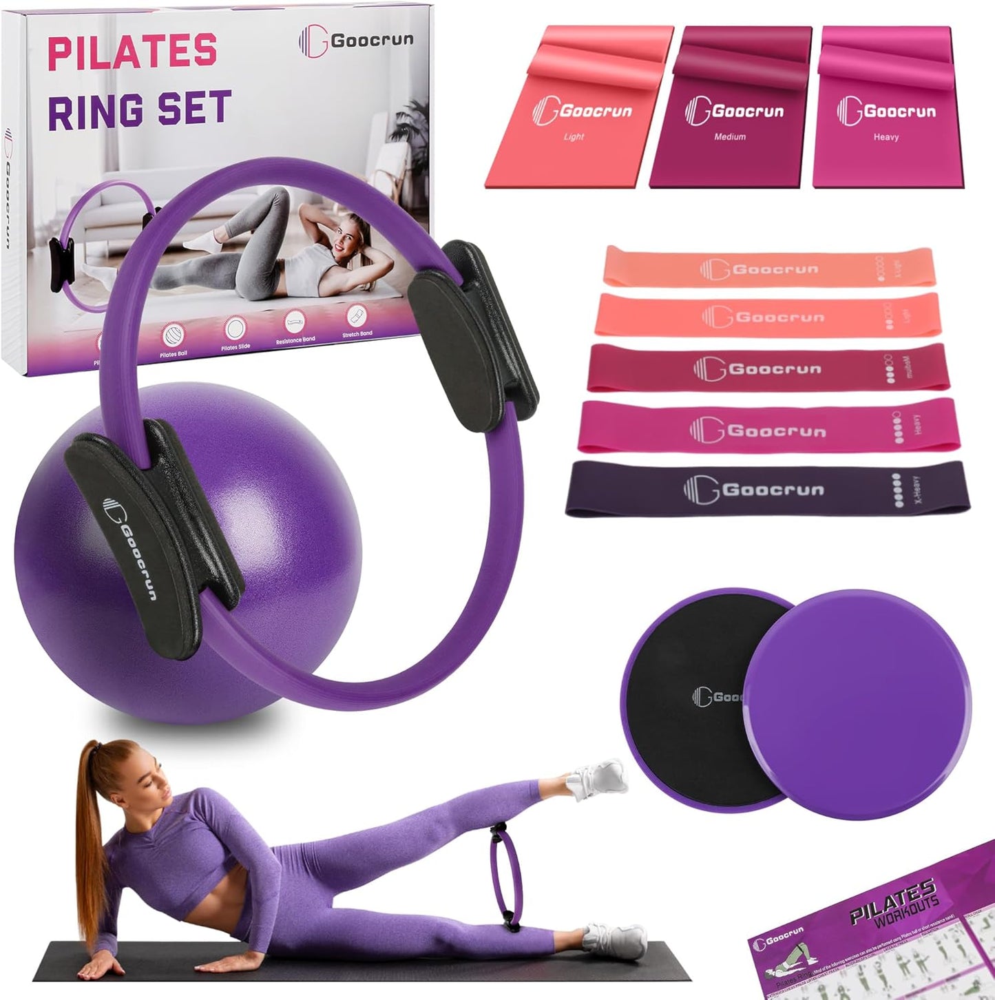 Pilates Ring Set Exercise Equipment with Exercise Bands Resistance Bands Set, Pilates Ball, Sliding Disks – Workout Equipment Home Gym Includes Complete Fitness Guide