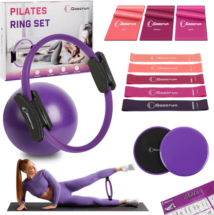 Pilates Ring Set Exercise Equipment with Exercise Bands Resistance Bands Set, Pilates Ball, Sliding Disks – Workout Equipment Home Gym Includes Complete Fitness Guide