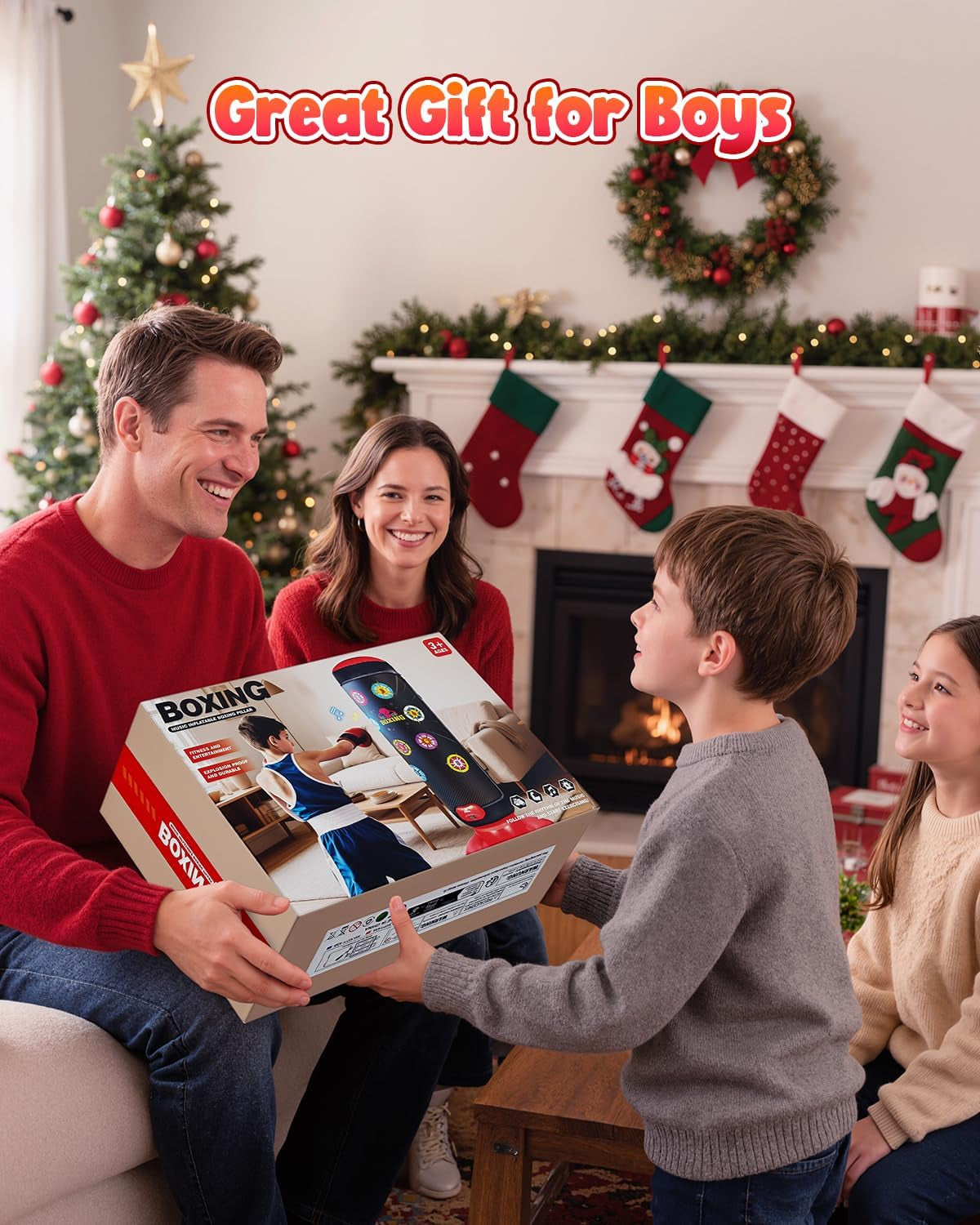 Interactive Punching Bag for Kids, Boxing Bag with Music & Light 4-Mode Game, Inflatable Punch Bag with Gloves, Kids Gym Equipment, Boxing Gifts Toys for 6 7 8 9 10 11 12 Year Old Boys