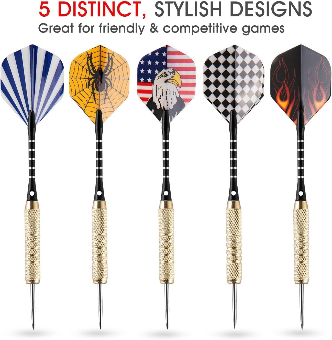 15-Pack Steel Darts Set - 18-Gram Tips, Dart Sharpener, 21 Flights, Aluminum Shafts, and Brass Barrels for Game Rooms, Man Caves, and Bars