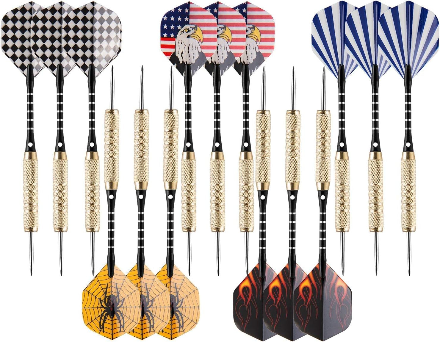 15-Pack Steel Darts Set - 18-Gram Tips, Dart Sharpener, 21 Flights, Aluminum Shafts, and Brass Barrels for Game Rooms, Man Caves, and Bars