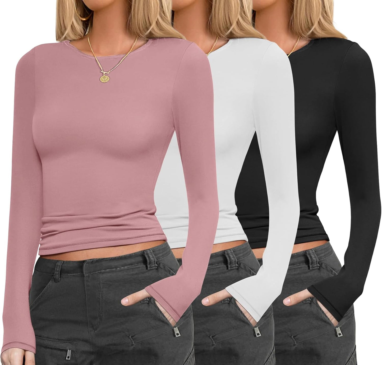 Womens 3 Pack Long Sleeve Shirts Fitted Tops Base Layering Tight Thermal Undershirts, S-XXL