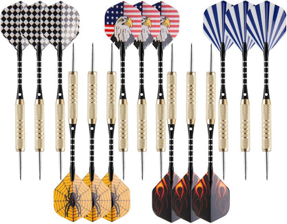 15-Pack Steel Darts Set - 18-Gram Tips, Dart Sharpener, 21 Flights, Aluminum Shafts, and Brass Barrels for Game Rooms, Man Caves, and Bars