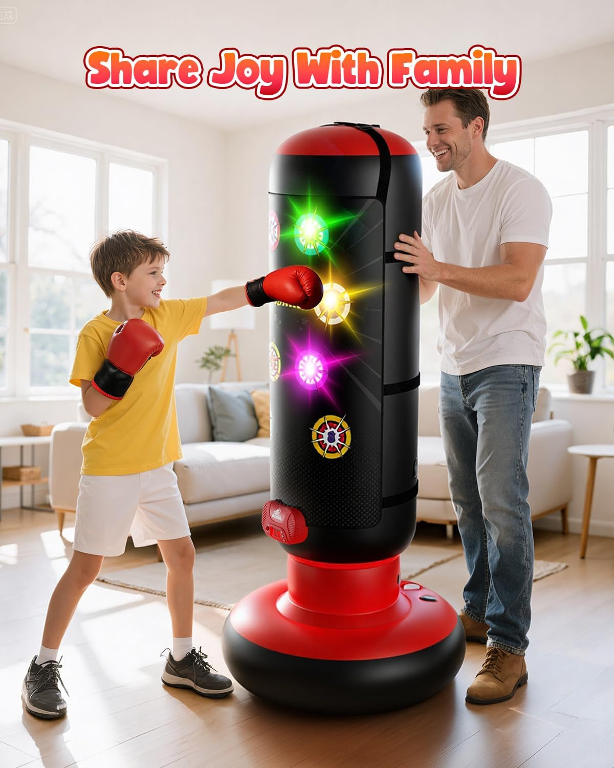 Interactive Punching Bag for Kids, Boxing Bag with Music & Light 4-Mode Game, Inflatable Punch Bag with Gloves, Kids Gym Equipment, Boxing Gifts Toys for 6 7 8 9 10 11 12 Year Old Boys