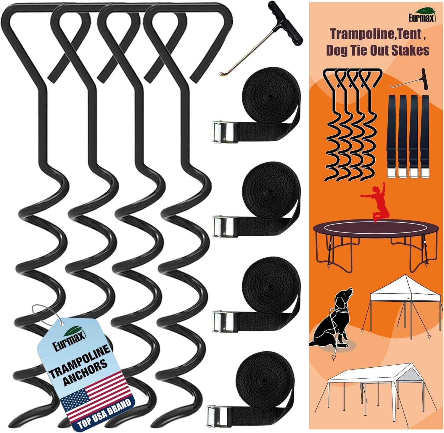 USA Heavy Duty Trampoline Anchor Kit - Set of 4 Corkscrew Steel Stakes with T Hook and Bonus 4 Strong Belts